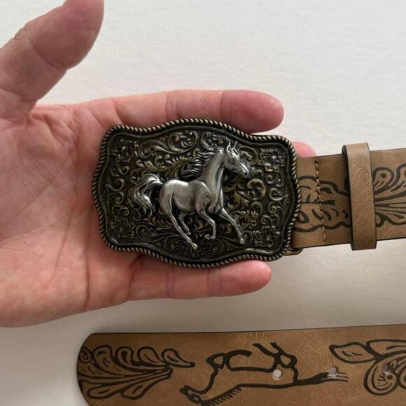 Vintage Tan Brown Western Belt – Horse Buckle, Adjustable 26–34, Unisex, New - Picture 3 of 7